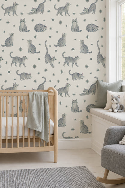 Watercolor Tabby Cats Wallpaper Starburst Motif On Cream