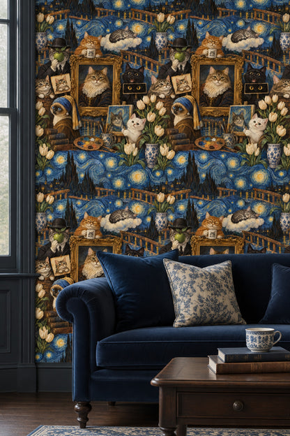 Art Cats Wallpaper Starry Night Sky In Blue And Gold