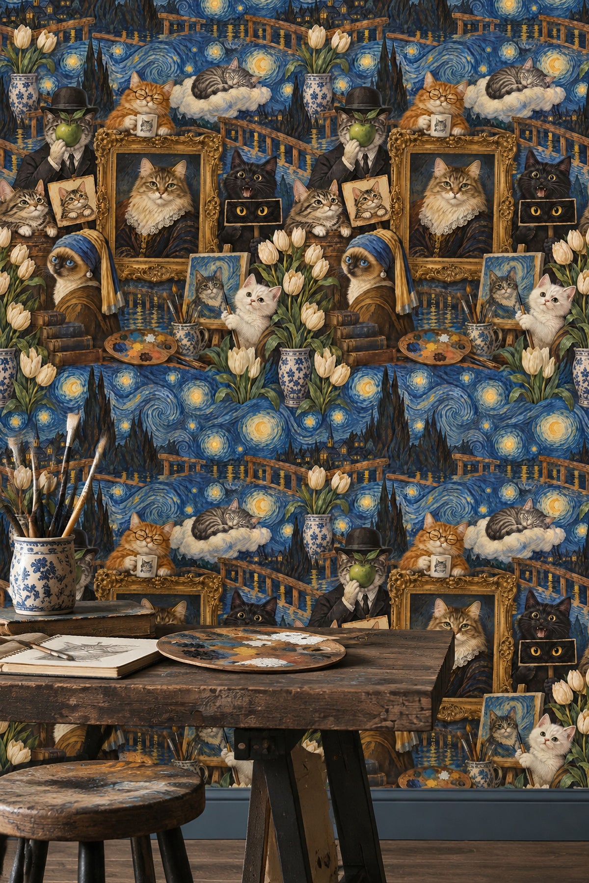 Art Cats Wallpaper Starry Night Sky In Blue And Gold