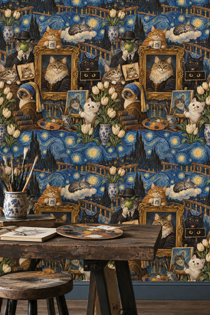 Art Cats Wallpaper Starry Night Sky In Blue And Gold