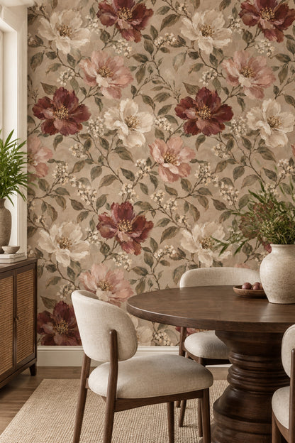 Burgundy Rose Blossoms Wallpaper Vintage Inspired Botanical Beige Background