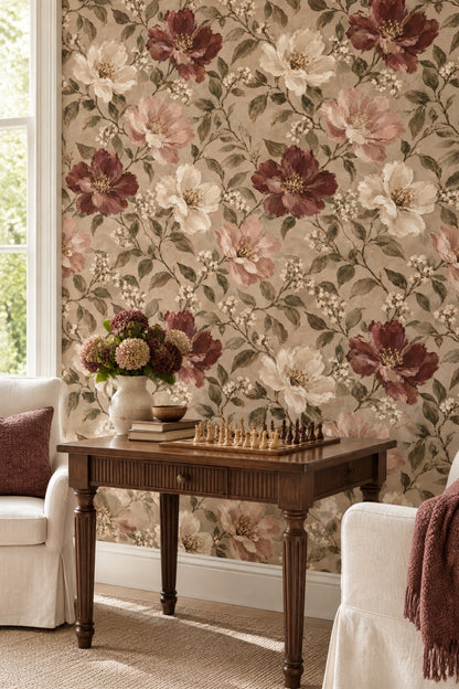 Burgundy Rose Blossoms Wallpaper Vintage Inspired Botanical Beige Background