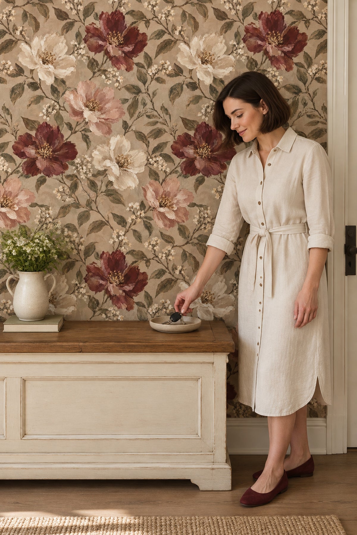 Burgundy Rose Blossoms Wallpaper Vintage Inspired Botanical Beige Background