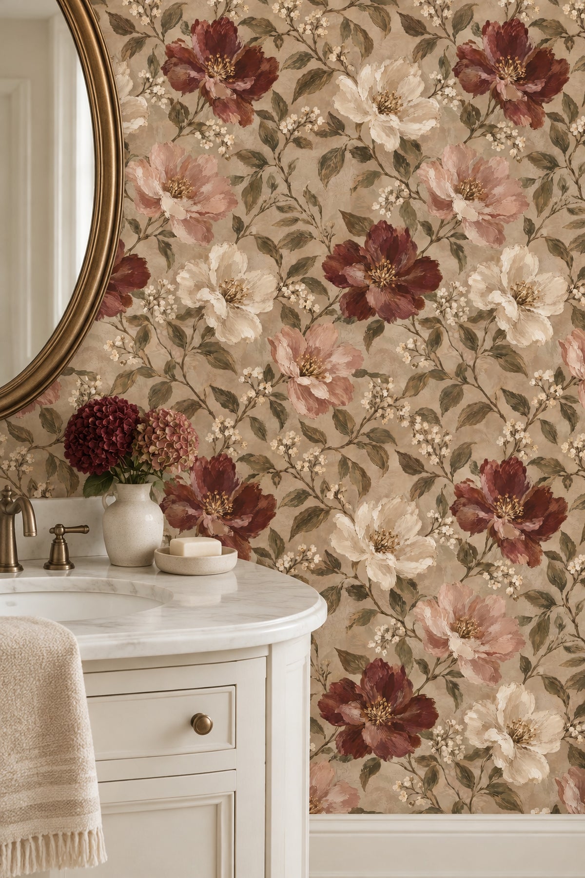 Burgundy Rose Blossoms Wallpaper Vintage Inspired Botanical Beige Background