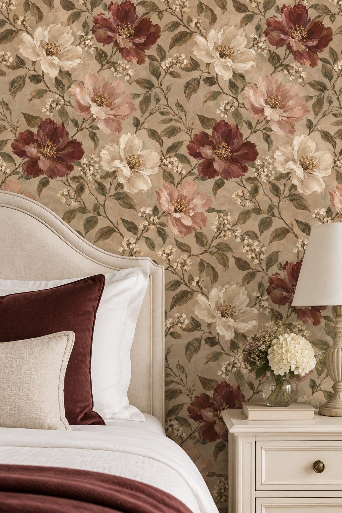 Burgundy Rose Blossoms Wallpaper Vintage Inspired Botanical Beige Background