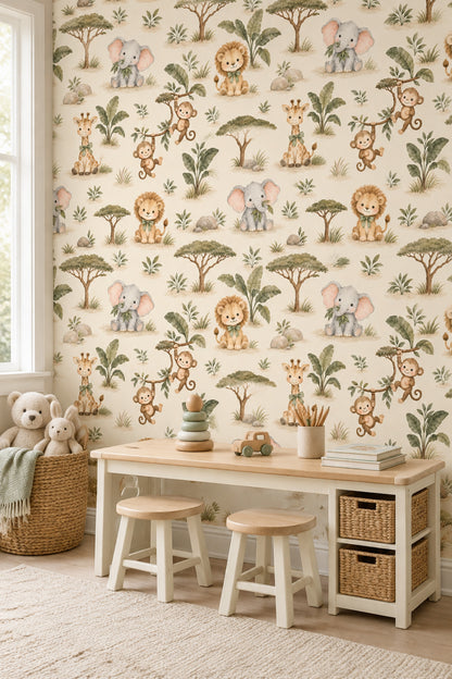 Cute Safari Animals Wallpaper Watercolor Repeat On Cream