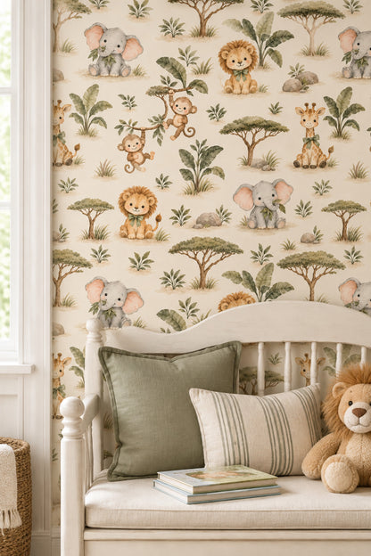 Cute Safari Animals Wallpaper Watercolor Repeat On Cream