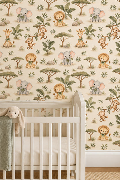 Cute Safari Animals Wallpaper Watercolor Repeat On Cream