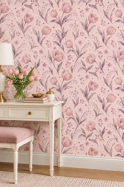 Pink Watercolor Tulips Wallpaper Soft Botanical Repeat