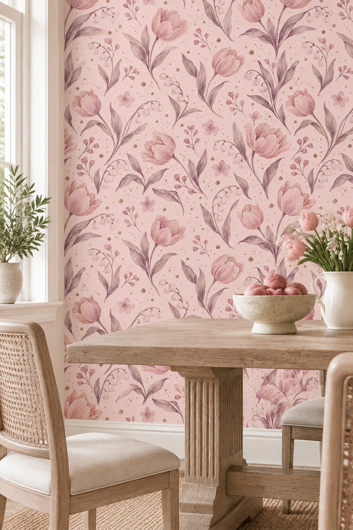Pink Watercolor Tulips Wallpaper Soft Botanical Repeat