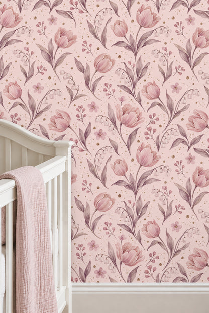 Pink Watercolor Tulips Wallpaper Soft Botanical Repeat
