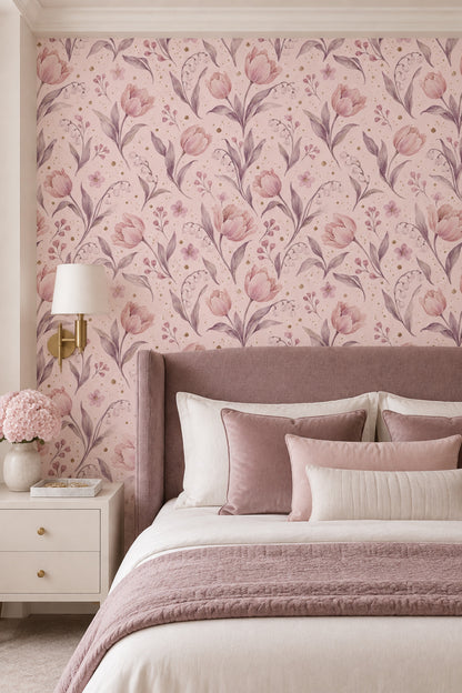 Pink Watercolor Tulips Wallpaper Soft Botanical Repeat