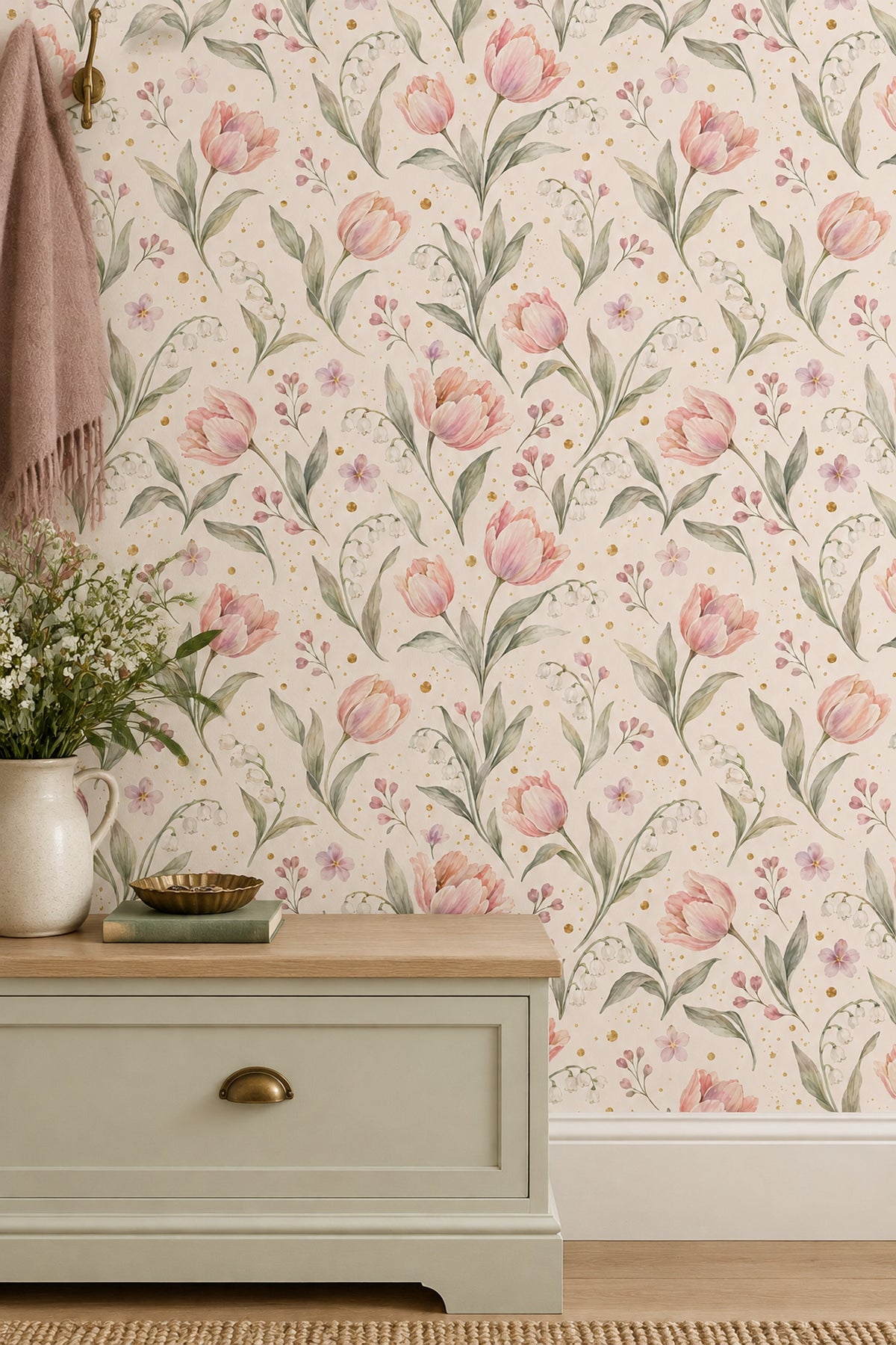 Pink Tulips Wallpaper Watercolor Floral On Ivory With Gold Dots