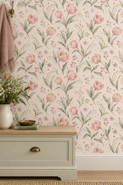 Pink Tulips Wallpaper Watercolor Floral On Ivory With Gold Dots