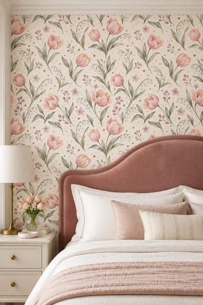 Pink Tulips Wallpaper Watercolor Floral On Ivory With Gold Dots
