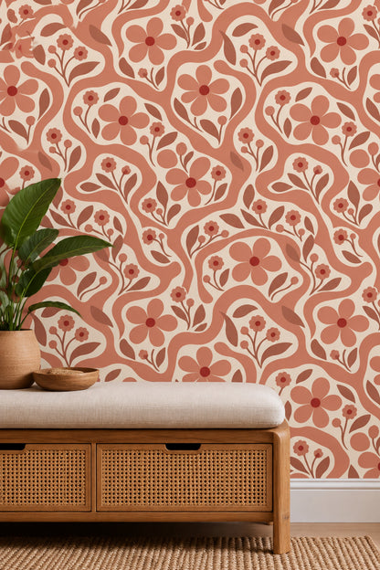 Terracotta Floral Wallpaper Retro Botanical Vines On Cream