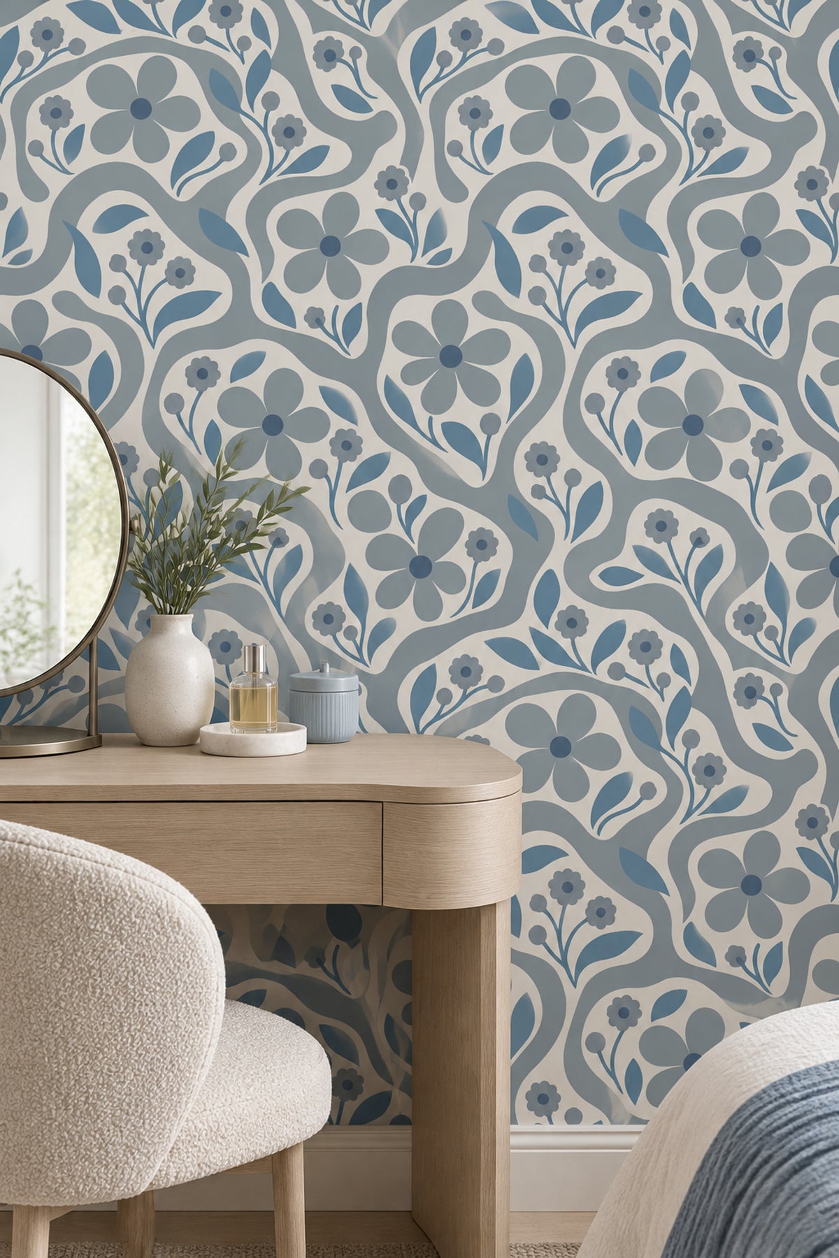 Stylized Blue Flowers Wallpaper Wavy Botanical Pattern On Ivory