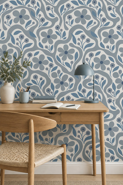 Stylized Blue Flowers Wallpaper Wavy Botanical Pattern On Ivory
