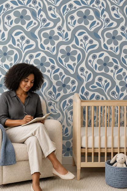 Stylized Blue Flowers Wallpaper Wavy Botanical Pattern On Ivory