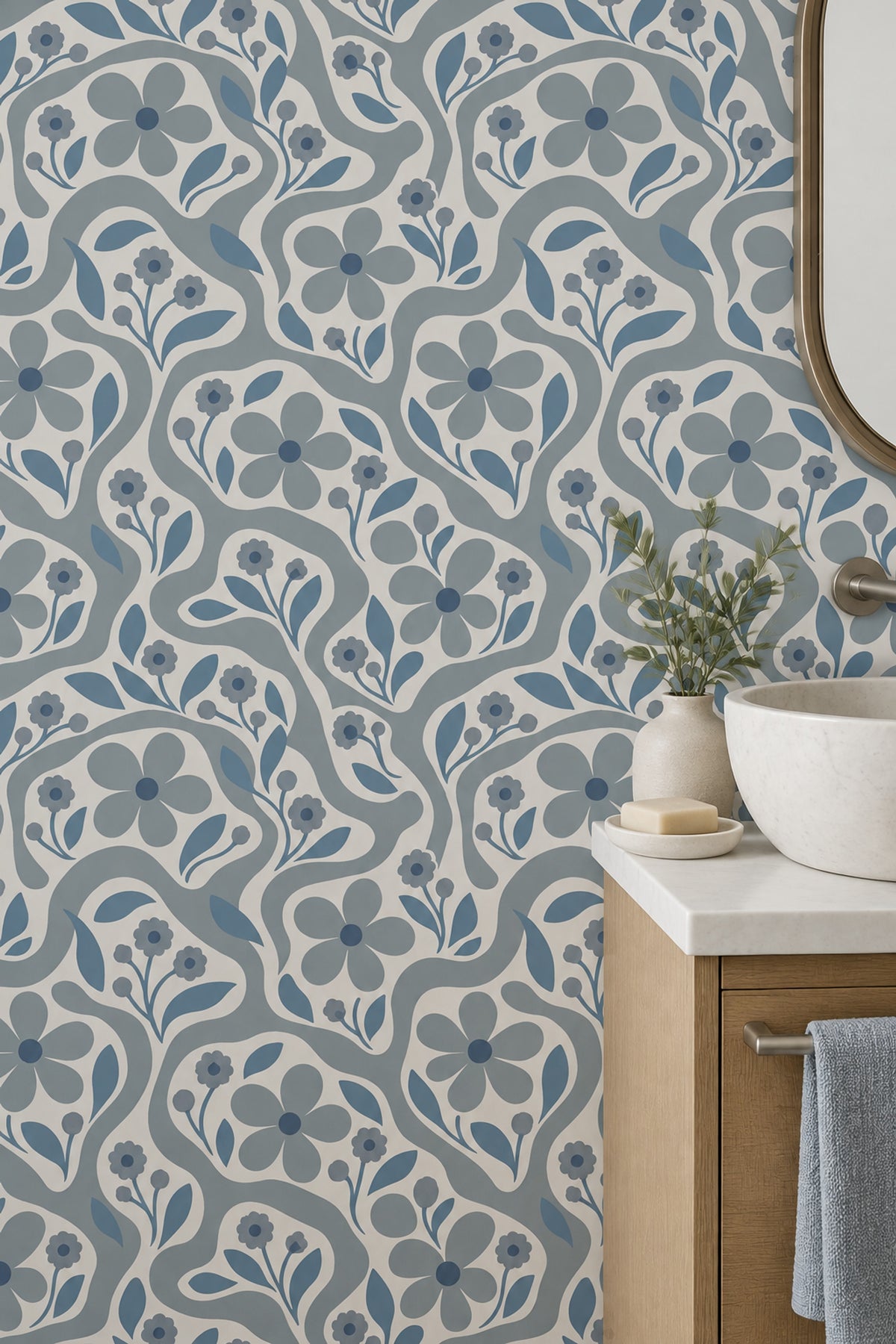 Stylized Blue Flowers Wallpaper Wavy Botanical Pattern On Ivory