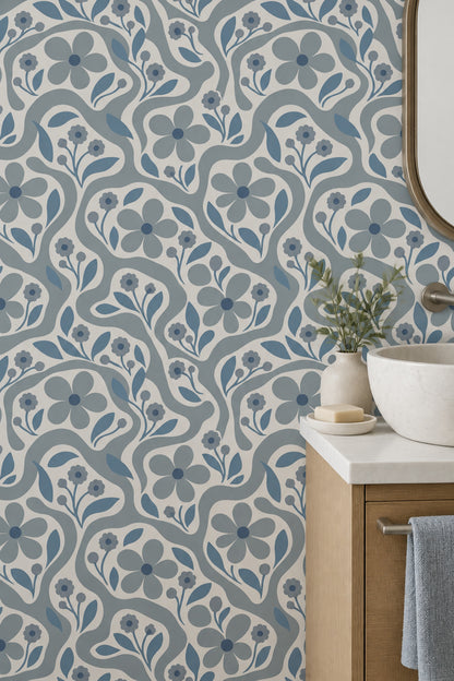 Stylized Blue Flowers Wallpaper Wavy Botanical Pattern On Ivory