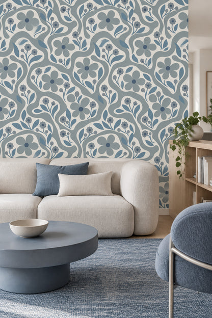 Stylized Blue Flowers Wallpaper Wavy Botanical Pattern On Ivory