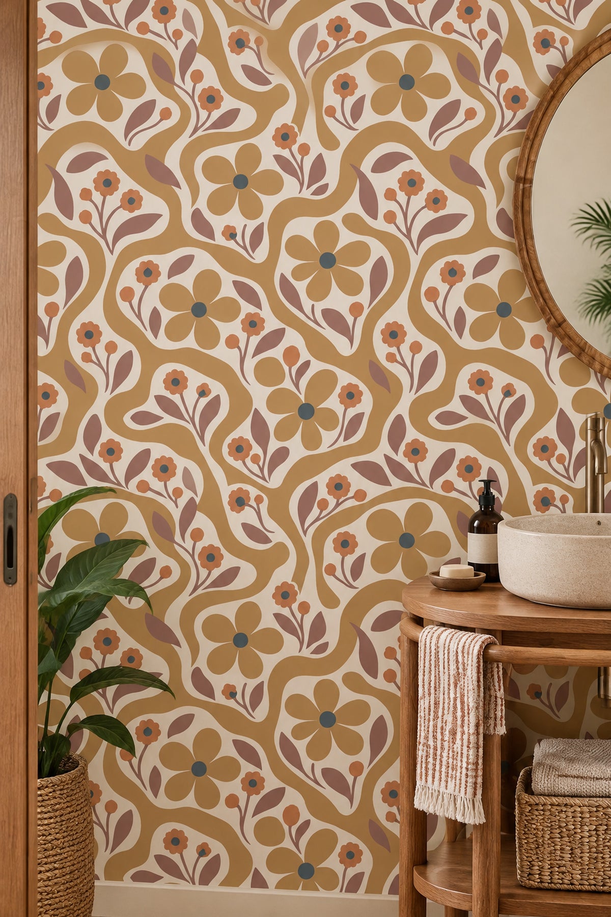 Retro Flowers Wallpaper In Cream And Mustard With Wavy Botanical Stripes