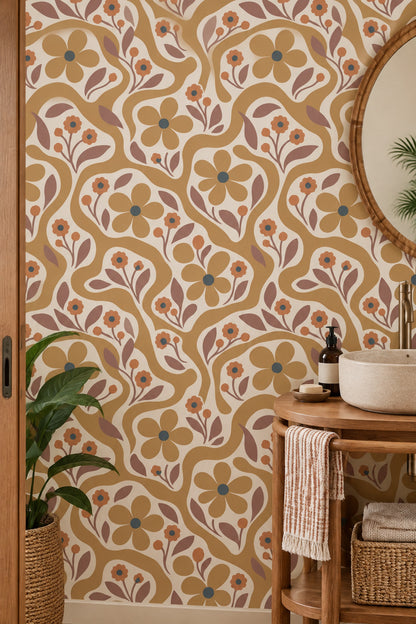 Retro Flowers Wallpaper In Cream And Mustard With Wavy Botanical Stripes