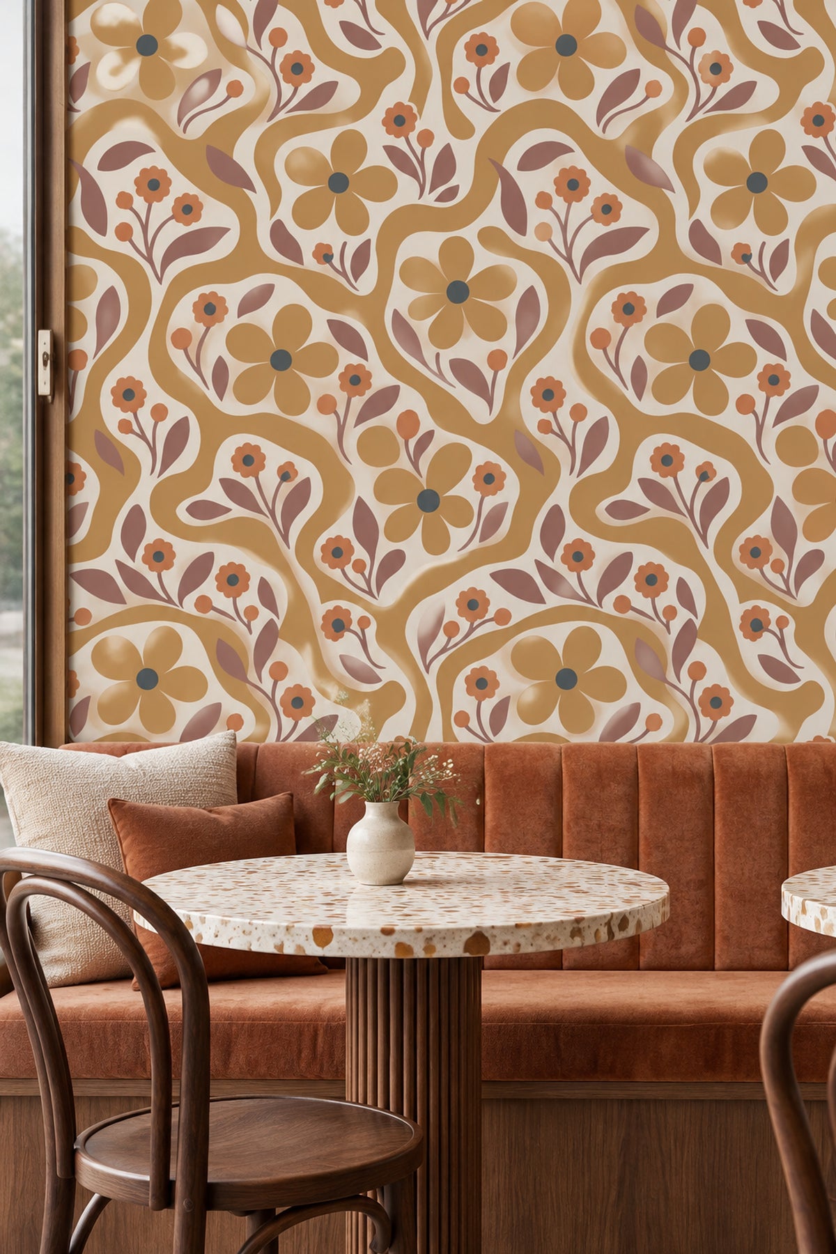 Retro Flowers Wallpaper In Cream And Mustard With Wavy Botanical Stripes