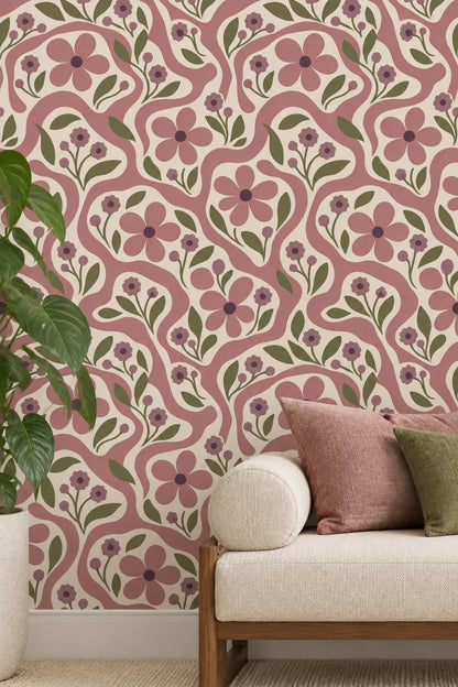 Pink Floral Wallpaper With Wavy Stripes On Cream Background