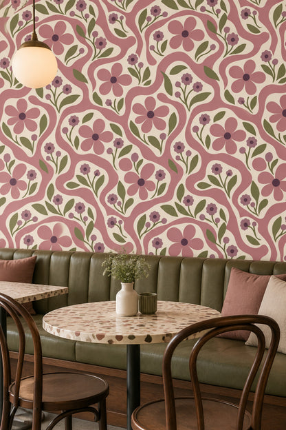 Pink Floral Wallpaper With Wavy Stripes On Cream Background
