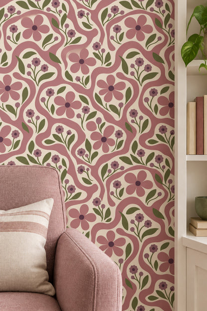 Pink Floral Wallpaper With Wavy Stripes On Cream Background