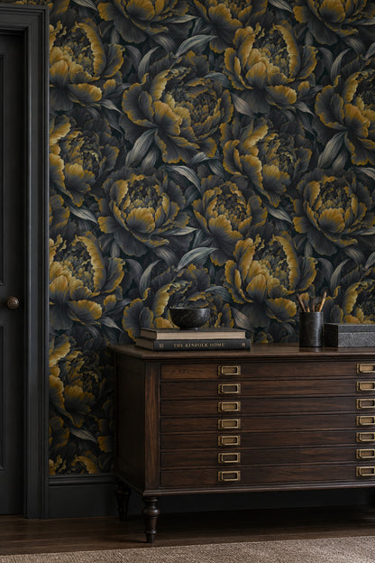Large Peony Bloom Wallpaper Dark Floral In Muted Green And Gold