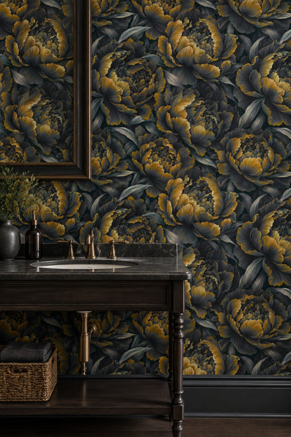 Large Peony Bloom Wallpaper Dark Floral In Muted Green And Gold
