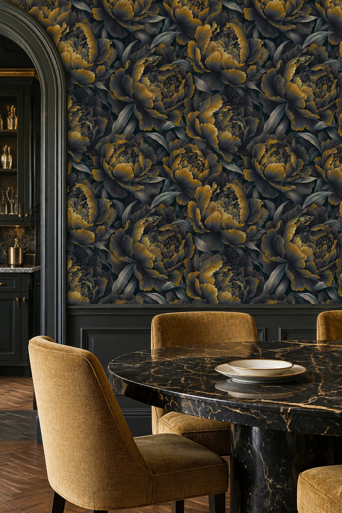 Large Peony Bloom Wallpaper Dark Floral In Muted Green And Gold