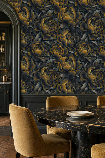 Large Peony Bloom Wallpaper Dark Floral In Muted Green And Gold