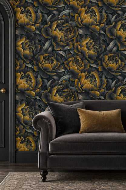 Large Peony Bloom Wallpaper Dark Floral In Muted Green And Gold