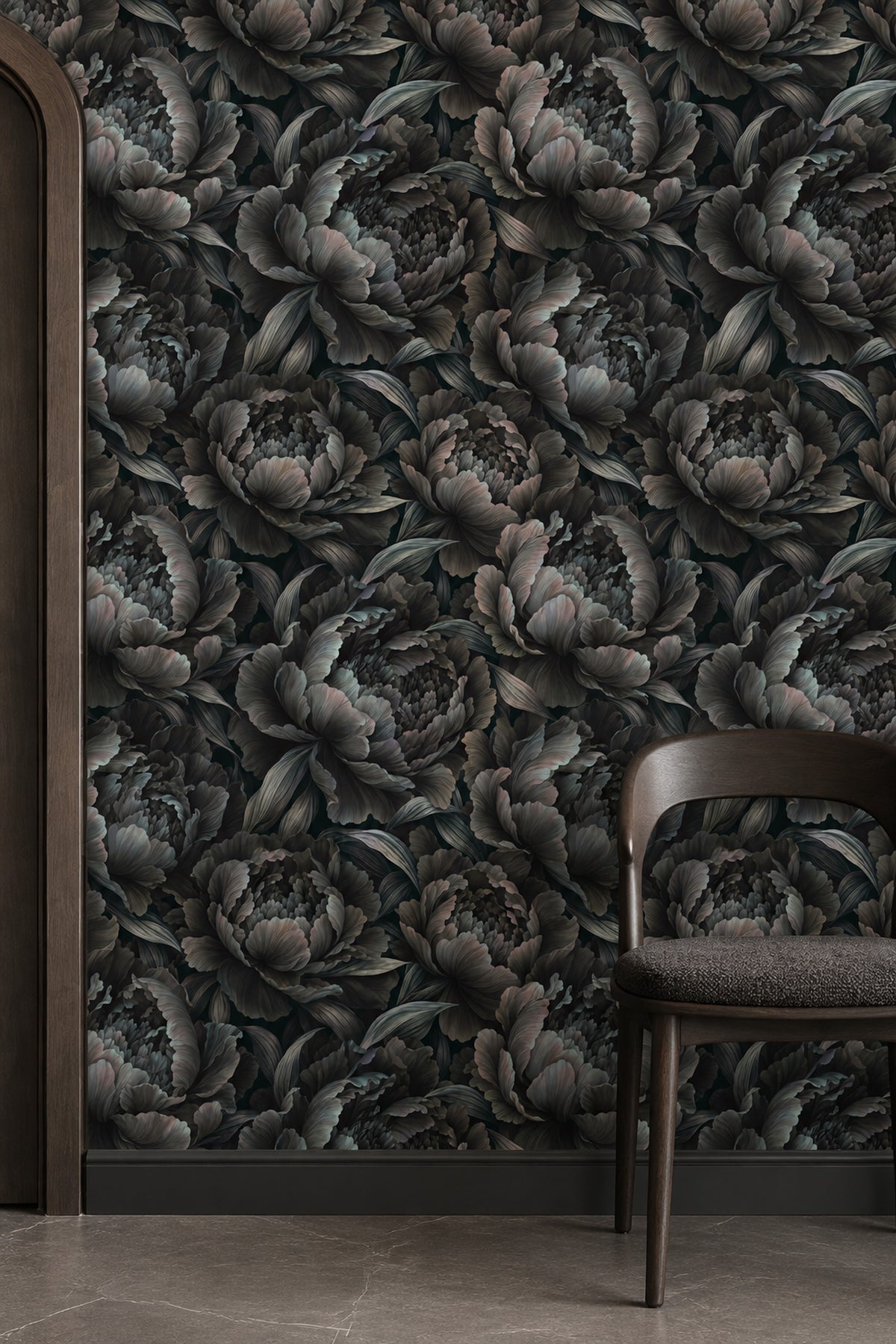 Layered Peony Blooms Wallpaper Dark Floral In Charcoal Gray