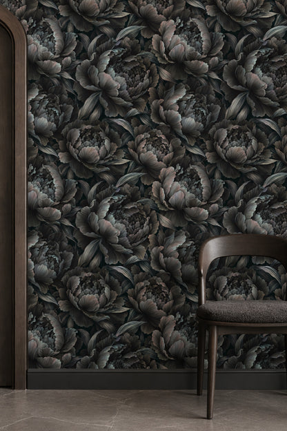 Layered Peony Blooms Wallpaper Dark Floral In Charcoal Gray