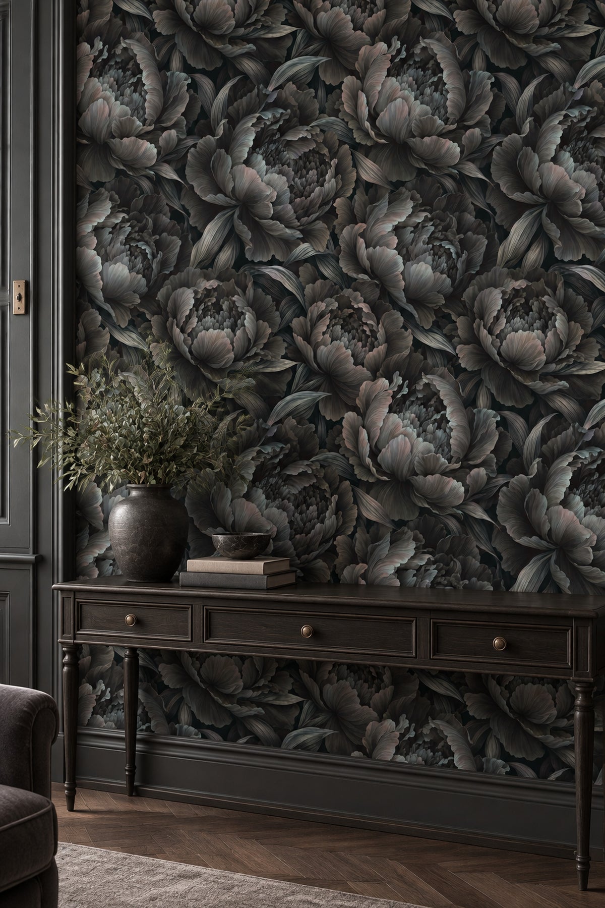 Layered Peony Blooms Wallpaper Dark Floral In Charcoal Gray