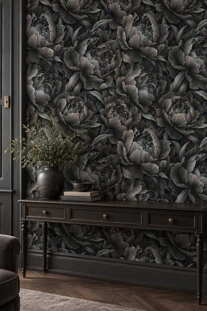 Layered Peony Blooms Wallpaper Dark Floral In Charcoal Gray