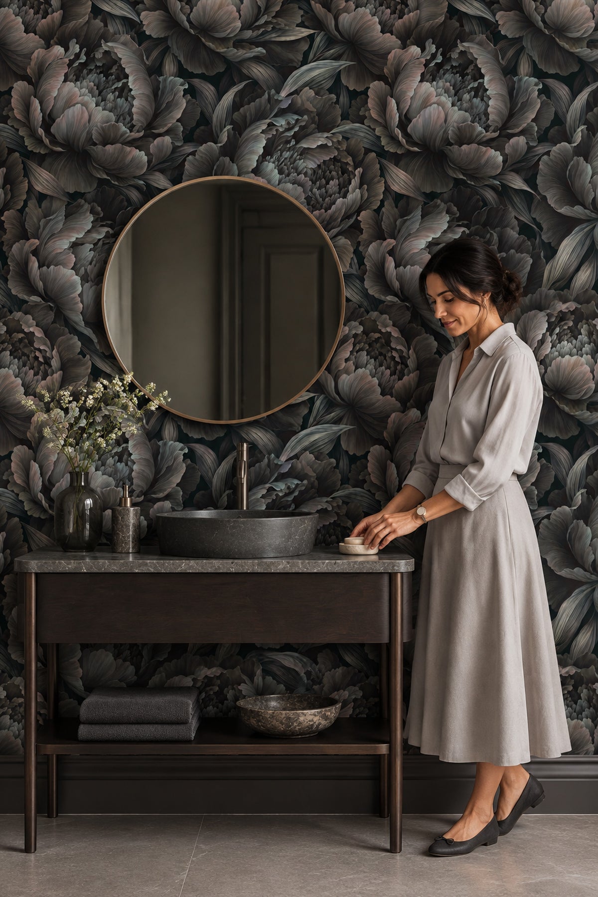 Layered Peony Blooms Wallpaper Dark Floral In Charcoal Gray