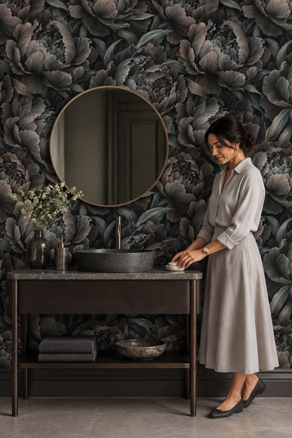 Layered Peony Blooms Wallpaper Dark Floral In Charcoal Gray