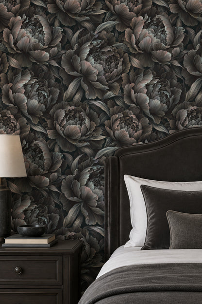 Layered Peony Blooms Wallpaper Dark Floral In Charcoal Gray