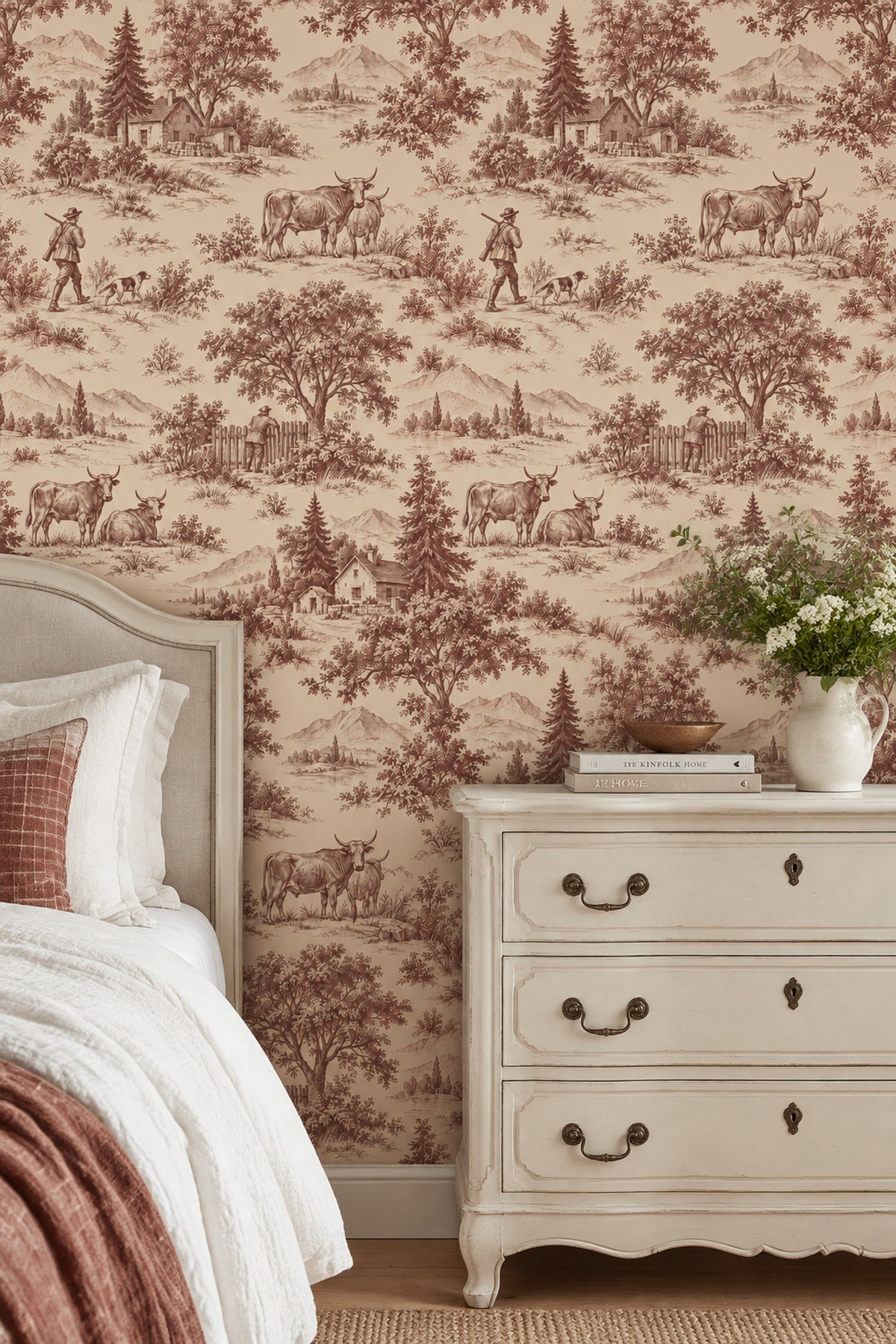 Pastoral Countryside Toile Wallpaper Burgundy On Cream