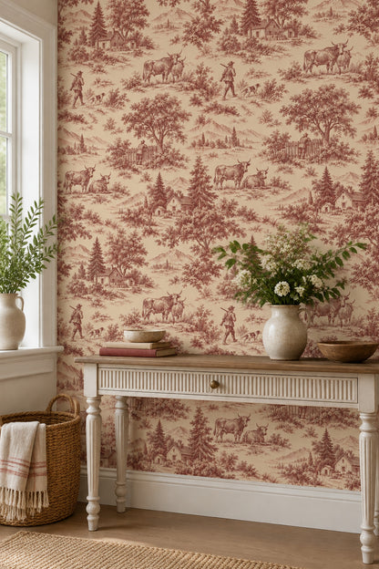 Pastoral Countryside Toile Wallpaper Burgundy On Cream