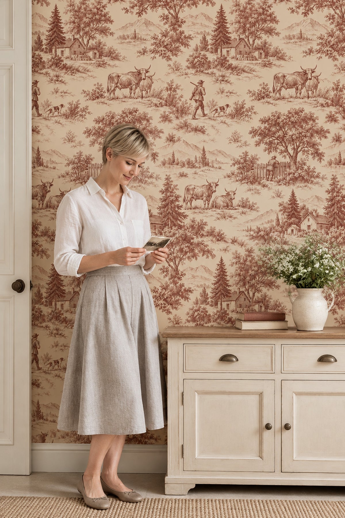Pastoral Countryside Toile Wallpaper Burgundy On Cream