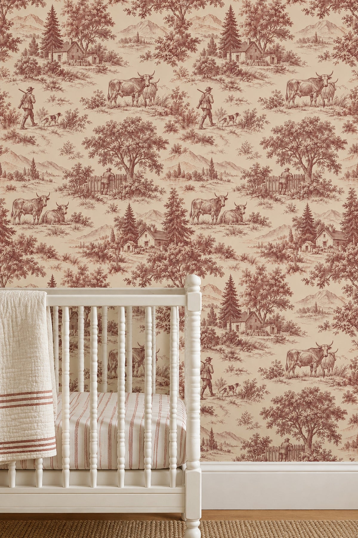 Pastoral Countryside Toile Wallpaper Burgundy On Cream
