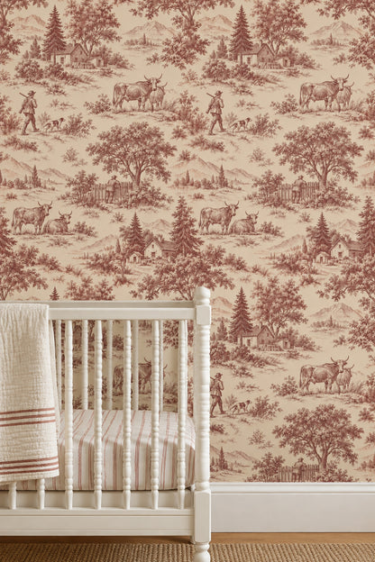 Pastoral Countryside Toile Wallpaper Burgundy On Cream