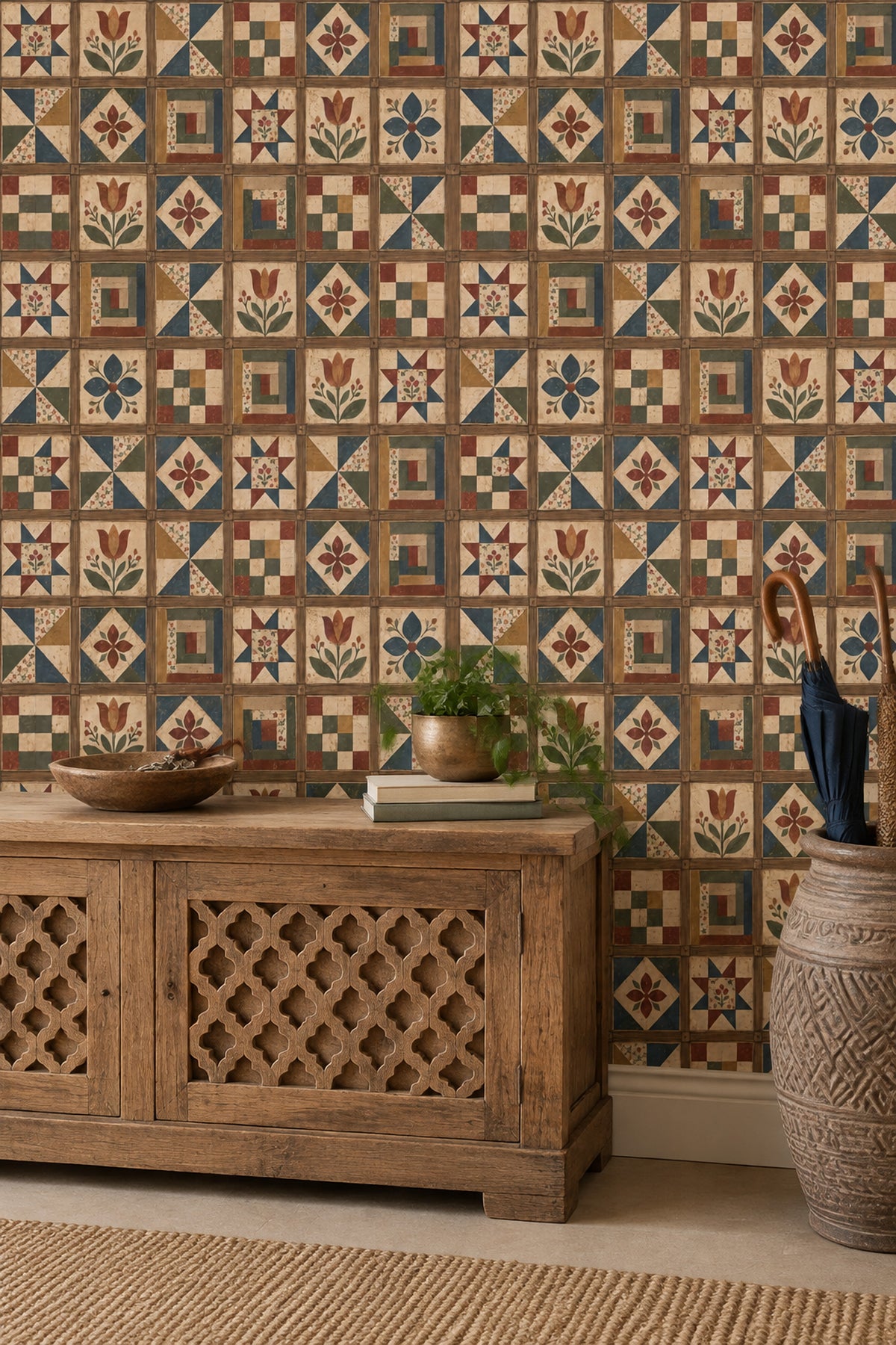 Patchwork Quilt Blocks Wallpaper Rustic Wood Grid